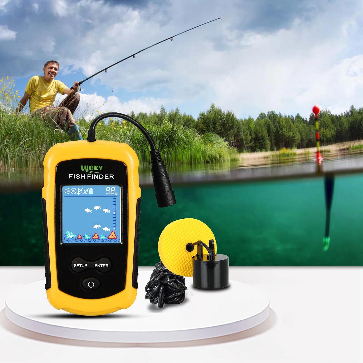 FFC1108-1 Alarm 100M Portable Sonar Fish Finders 45 degrees Sonar Coverage Echo Sounder Alarm Transducer Lake Sea Fishing